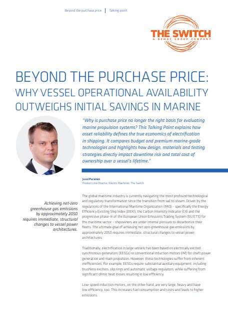 Talking Point-beyond purchase price - cover'Beyond the Purchase Price: Why Vessel Operational Availability Outweighs Initial Savings in Marine Propulsion'; includes The Switch logo, a circular portrait photo of a man, and a pull-quote about asset reliability.